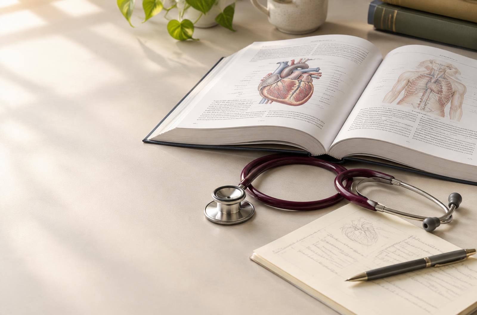 Livro de anatomia e estetoscópio em uma mesa de estudos, imagem ilustrativa